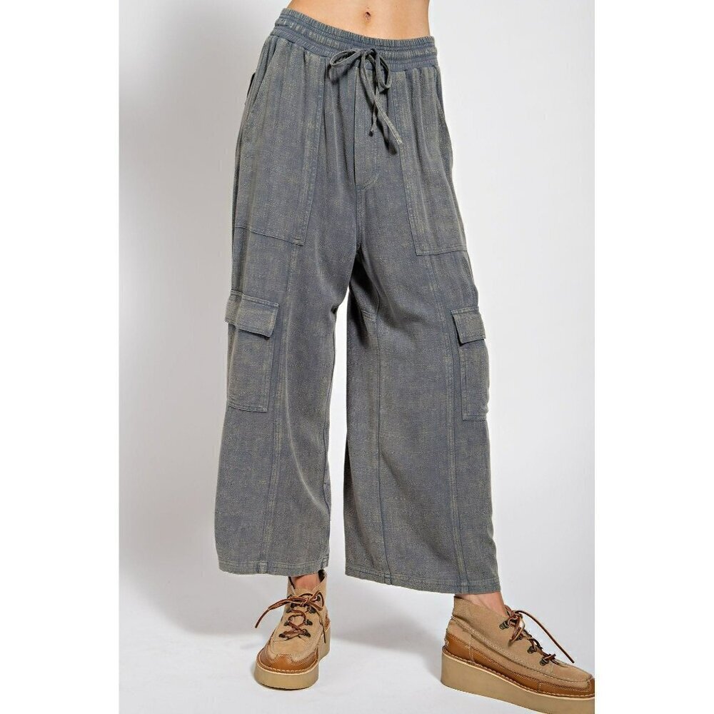 It's All Good Mineral Washed Cargo Wide Leg Pants in Washed Denim